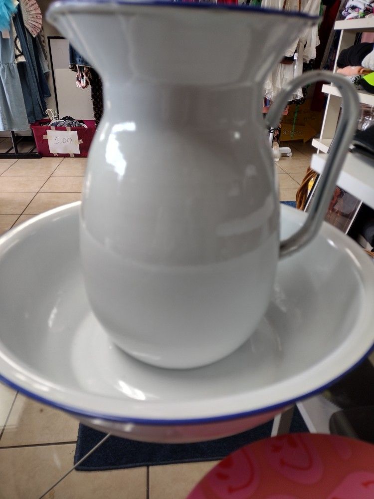 Antique Tin Pitcher And Basin