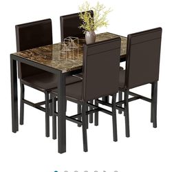 Recaceik Dining Table Set for 4, Kitchen Table and Chairs for 4, Faux Marble Dinner Table Set with 4 Upholstered PU Leather Chairs, Dining Room Table 