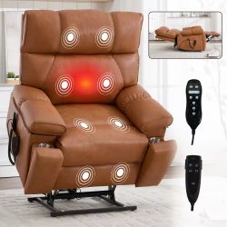 New Caramel Oversized Dual Motor Genuine Leather Power Lift Recliner,Lazy Sofa with Heat and Massage