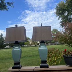 2 Cracked Porcelain Turquoise Table Lamps Uttermost Art Deco 