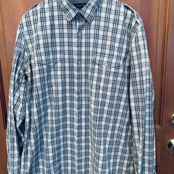Banana Republic Button Down Cotton Shirt XLT White, Blue, Taupe, and Black Plaid, Like New