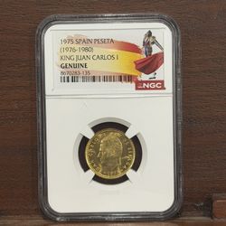 a 1975 Spain 1 Peseta coin featuring King Juan Carlos I, certified as genuine by NGC