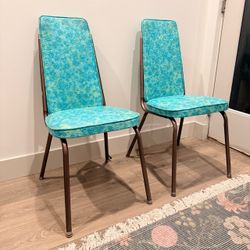 Pair of Vintage Aqua Floral Vinyl High-Back Dining Chairs
