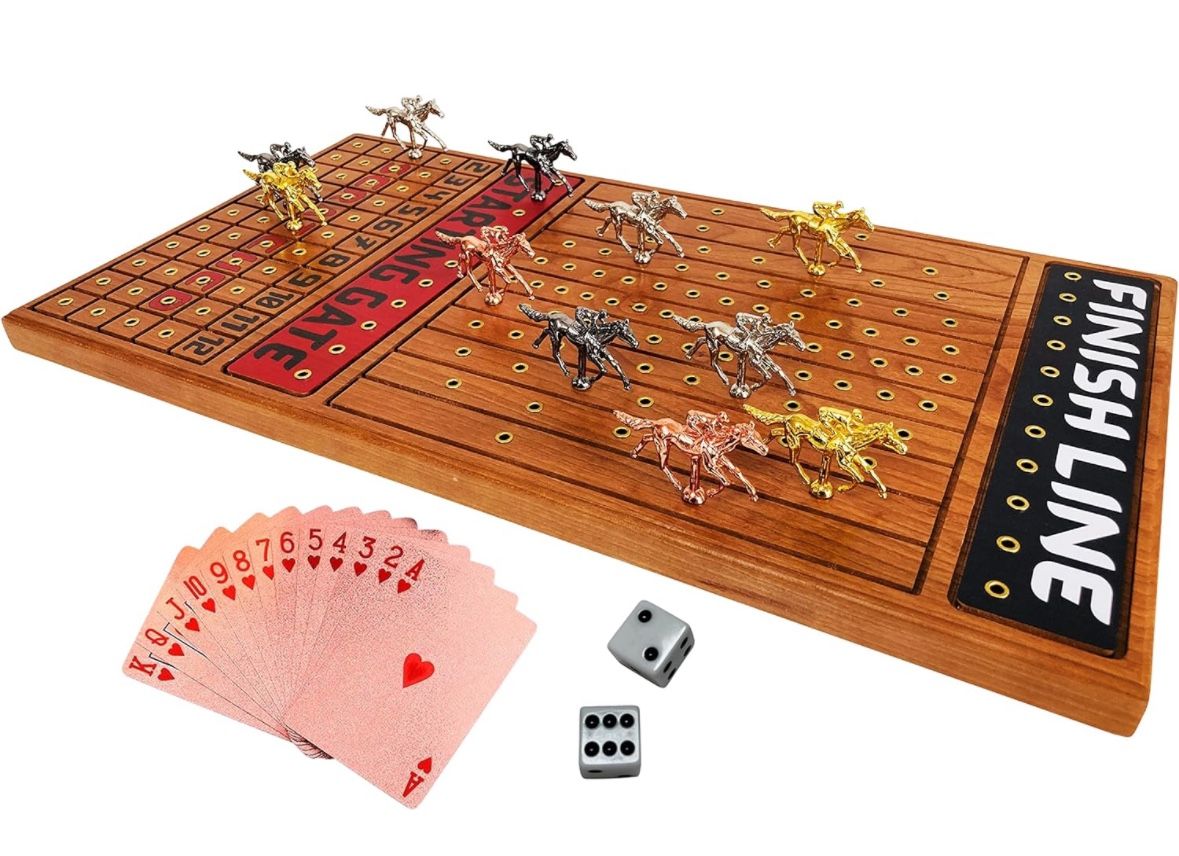  Horse Racing Board Game with Luxurious Durable Metal Horses, 11 Pieces & 4 Colors (3 Gold, 3 Silver, 3 Black, 2 Bronze), Real Cherry Wood Horseracing