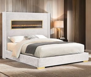 Brand New Beige Queen Bed Frame w Fireplace Simulator (Available in Eastern King)