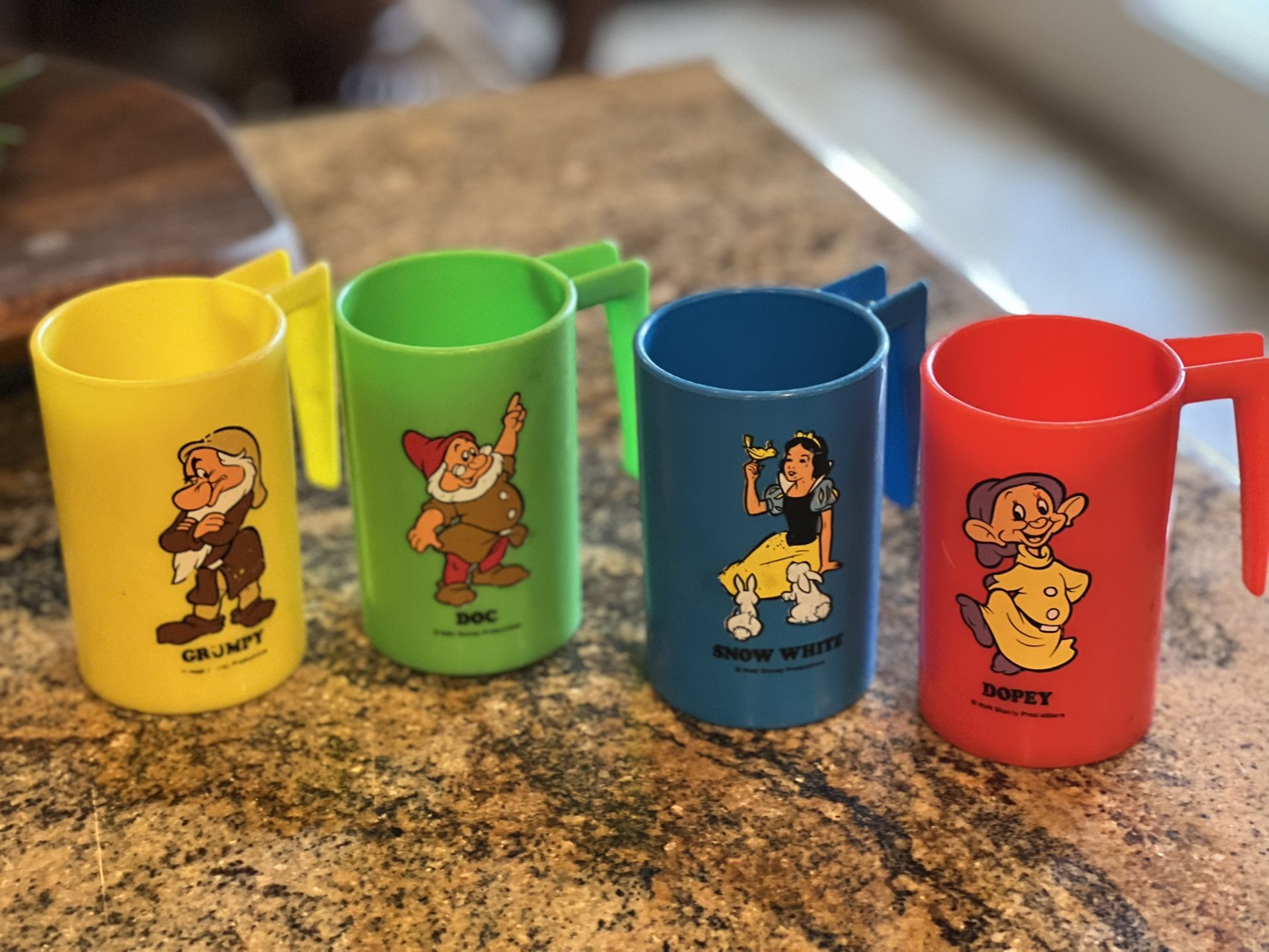 Rare Vintage 70s Disney Snow White and Seven Dwarves Plastic Cups / Mugs Set of 4 including Snow White, Dopey, Doc, and Grumpy