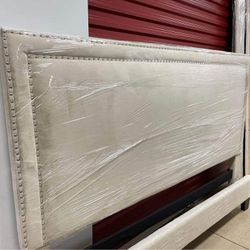 Cream Color Velvet Studded Upholstered King Bed Frame