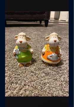Set of 2 German Ceramic Gardener Sheep Figurines