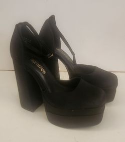Dream Pairs Black Platform High Block Heel Ankle Strap Satin Pumps Size 7.5 Nice