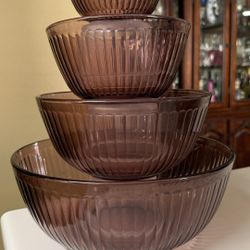 Set of 4 Pyrex Cranberry 7401-S, 7402-S, 7403-S and 7404-S Fluted Ribbed Mixing Bowls