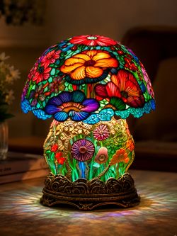 Colorful Floral Mushroom LED Table Lamp – Artistic Night Light Decor