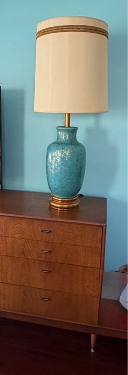 Rare and unique Vintage MCM/Hollywood Regency 42” Turquoise Ceramic Table Lamp & Original Shade