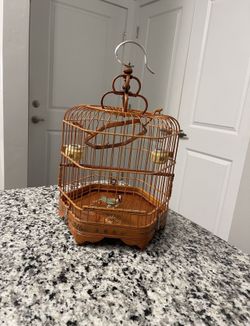 Vintage Chinese Bamboo Song Bird Handcrafted Cage Porcelain Feed Bowls Ornate