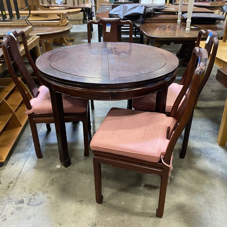 6pc Asian Imperial Redwood Dining Set w/ Pink Cushions & Leaf