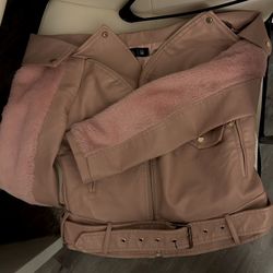 Pink Motorcycle Leather Jacket with Fur and belt