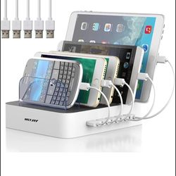 Charging Station for Multiple Devices, MSTJRY 5 Port Multi USB Charger Station with Power Switch Designed for iPhone iPad Cell Phone Tablets (White, 6