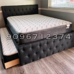 Full/Twin Gray Frenchi Tufted Trundle Beds W. Ortho Mattresses Included 