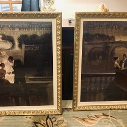 PAIR of BRENT LYNCH MUSEUM FRAMED ART #1 TWILIGHT ROMANCE #2 UNDER THE STARS 30 Inches X 37 Inches GOLD METALLIC ENAMEL FRAMED  SIGNATURE PRINTED  