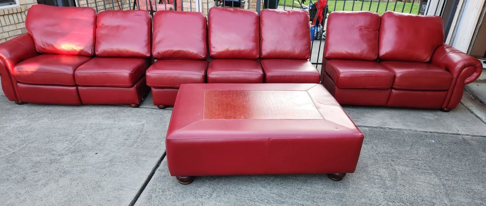 Red Leather Sectional Couch & Ottoman