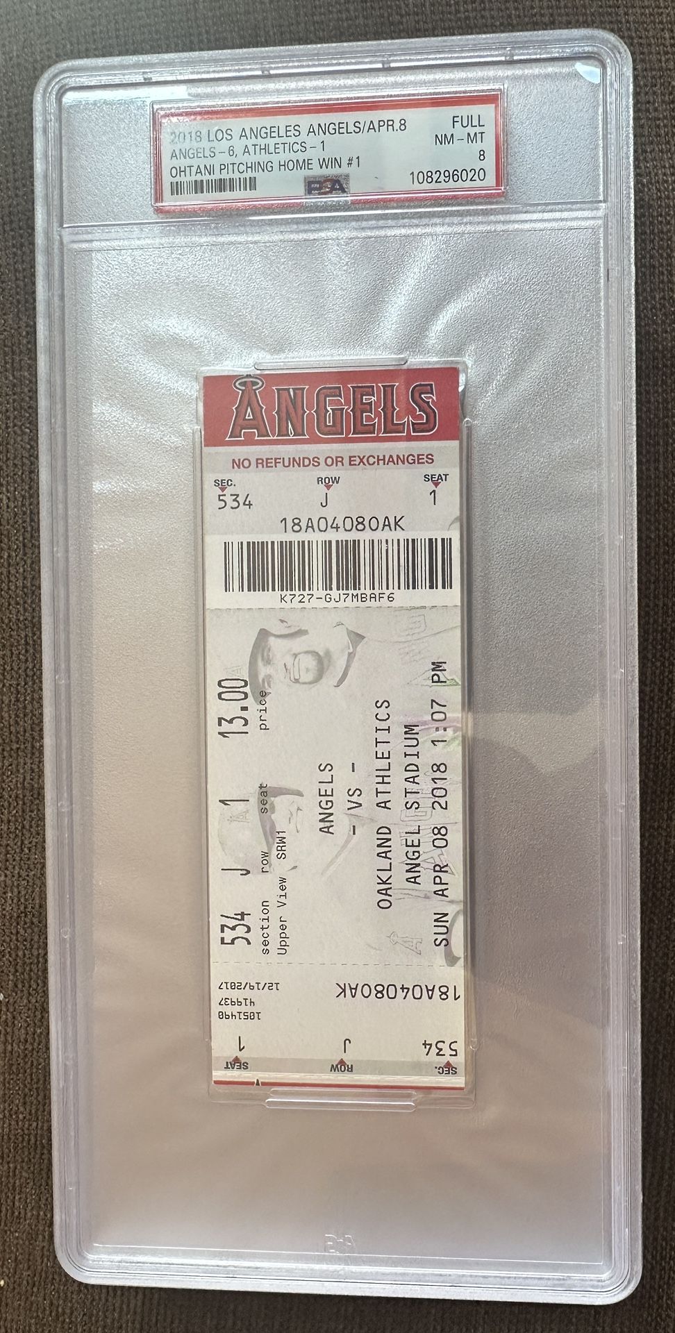 2018 LA Angels Ticket - Shohei Ohtani 1st MLB Pitching Home Win #1 PSA 8
