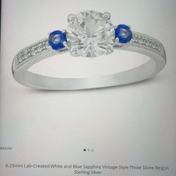 6.25mm Lab-Created White and Blue Sapphire Vintage Style Three Stone Ring