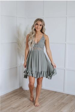 Brand New Country Flower Crochet Olive Green Dress