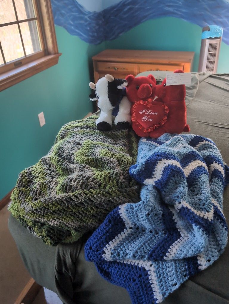 Two Crochet Blankets And Two Plush