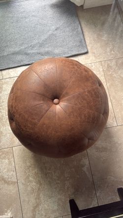 Brown Leather Round Pouf Ottoman