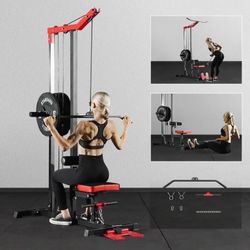 Pull Down Machine Set, Multifunction Cable Workout Equipment with Flip-up Footplate and Plates Storage Posts
