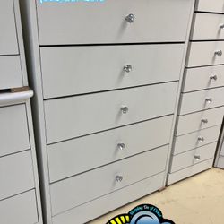 Five Drawer White With Diamond Knobs Chest Dresser 