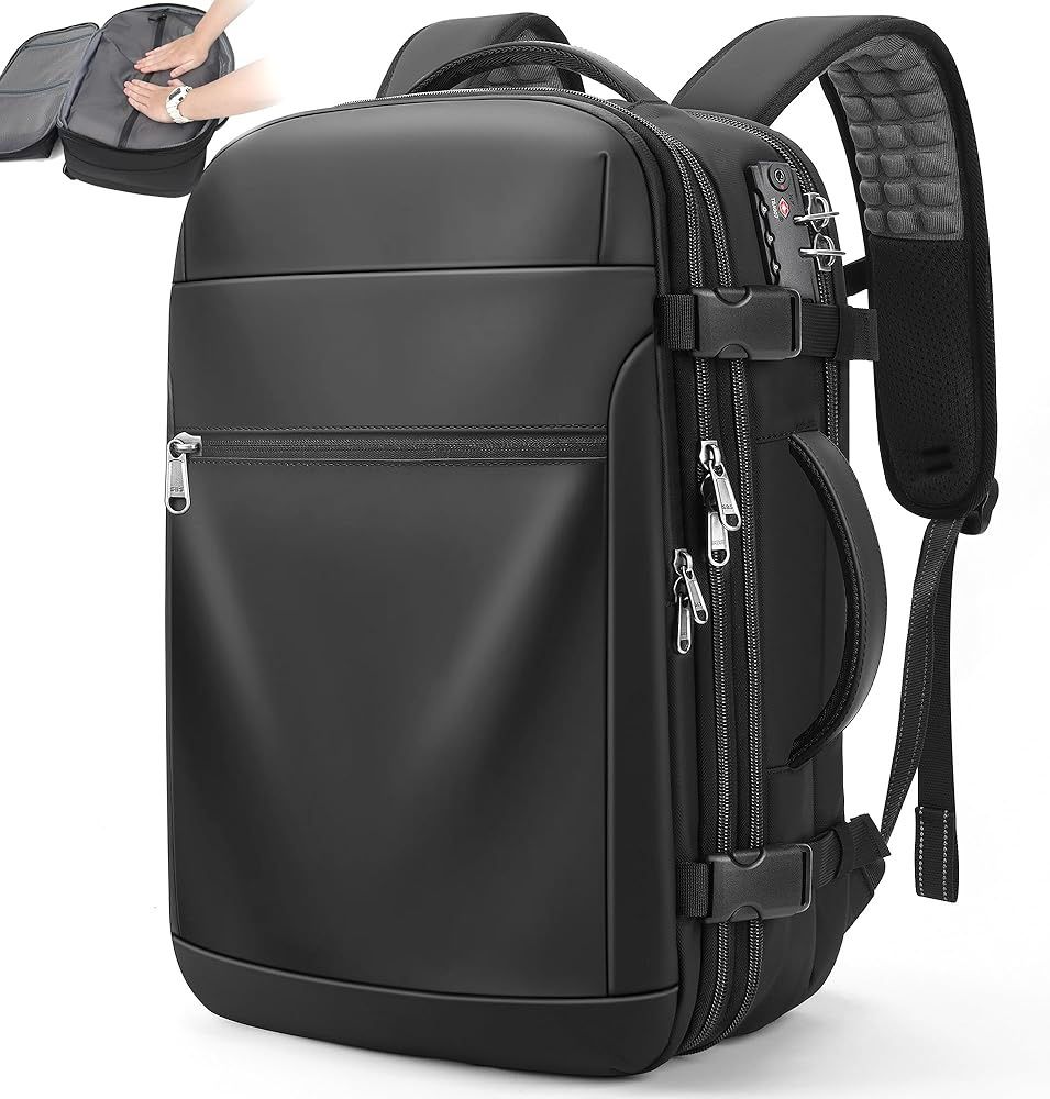 P Poso Vacuum Backpack Travel – Expandable Compression Carry On Backpack with Vacuum Pump, Water-Resistant TSA Lock Travel Bag, 17" Laptop Backpack fo