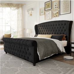Queen Size Upholstered Sleigh Bed Frame with Wingback Headboard