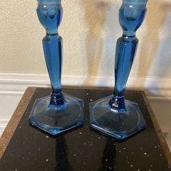 Vintage Pair 8.5” Blue Candlestick Holders
