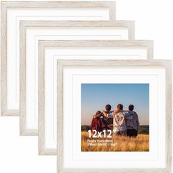 Set Of 4.  12x12 Picture Frame Set,Solid Wood,Not Glass,Display Pictures 8x8,10x10 with Mat or 12x12 Without Mat,Stable Sturdy Hanging Picture Frames 