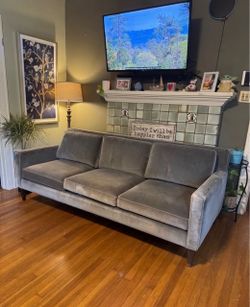BEAUTIFUL CRATE & BARREL GREY VELVET SOFA
