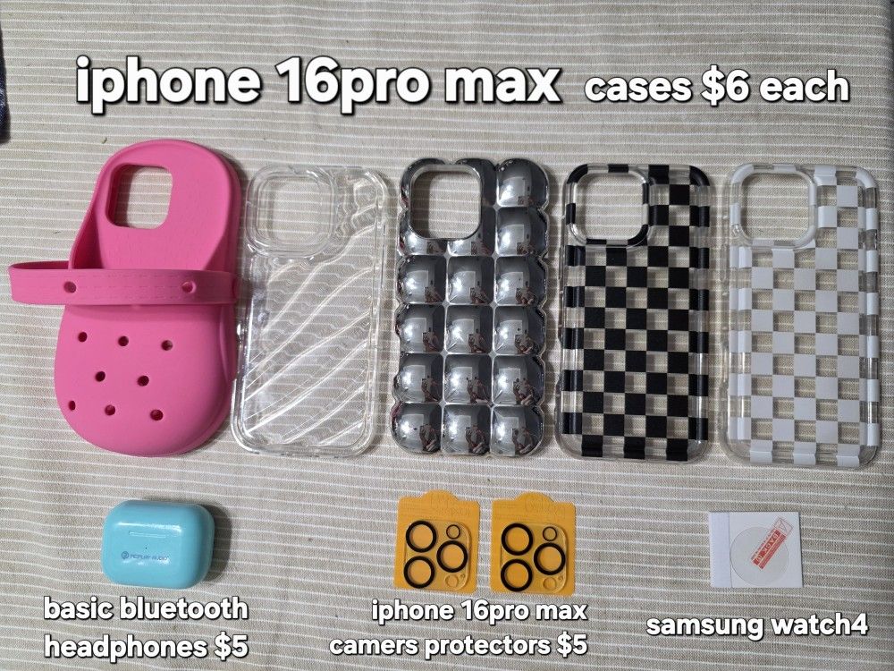 iphone 16pro max cases $6each
basic bluetooth headphones $5
iphone 16pro max camers protectors $5
Pu only edinburg