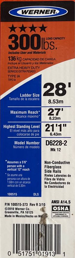 Werner fiberglass extension ladder 28’