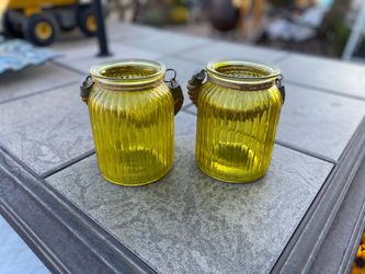 Set of 2 New Ribbed Yellow Glass Candle Jars Rope Handles