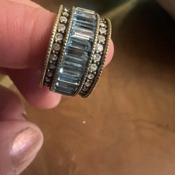 Heidi Daus Antiqued Brass Tone Blue Crystals Ring Size 4.5