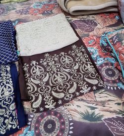 Brown n beige full embroidered trousers n shirts fabric unstiched