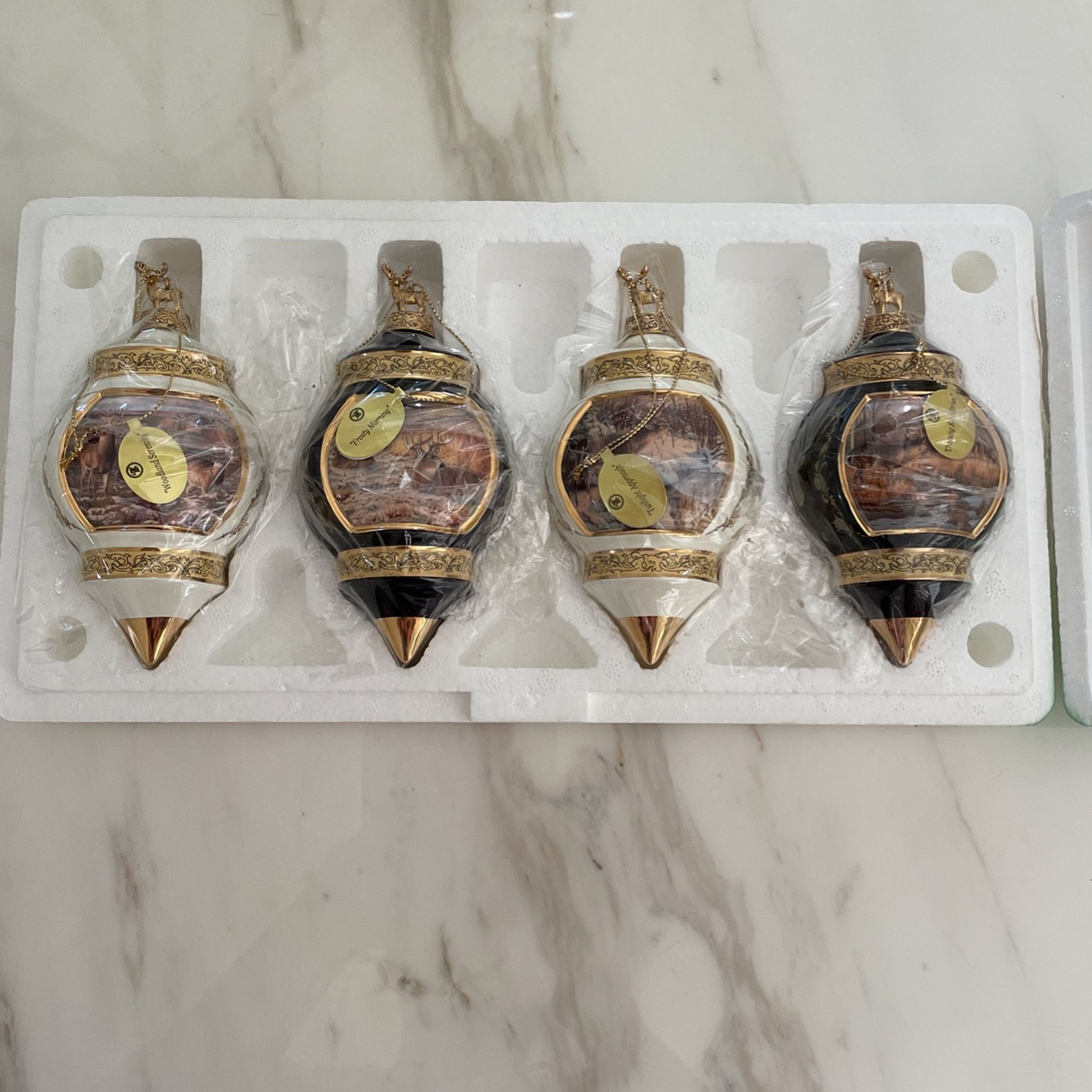 Christmas Bradford Ornaments Set of 4, Bradford Edition Ornament Collection Deer Scenes Woodland Tranquility Greg Alexander Collectible Art