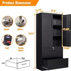 🥨File Cabinet 2 Drawer, Metal File Cabinet with Lock, Lateral Filing Cabinets with Doors & Adjustable Shelves for Home Office, Living Room, Pantry