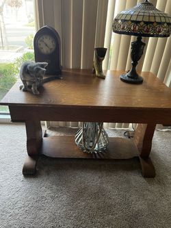 Antique Oak Library Table with Lower Shelf