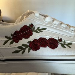 8.5 Rose Embroidery White Vans - Worn Once 