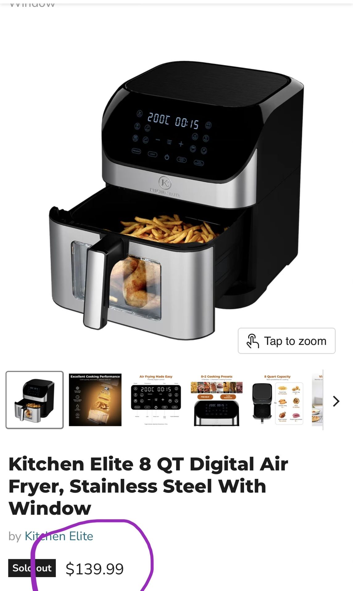 Kitchen Elite 8 QT Digital Air Fryer, Stainless Steel With Window