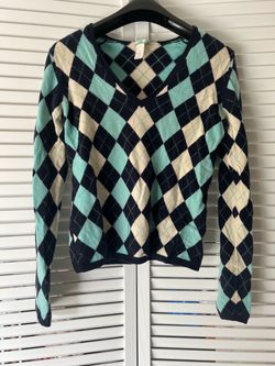 J.CREW Women’s 100% Cashmere Argyle V-Neck Knit Pullover Sweater Size M