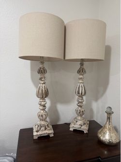 2 country wood  linen shade lamps
