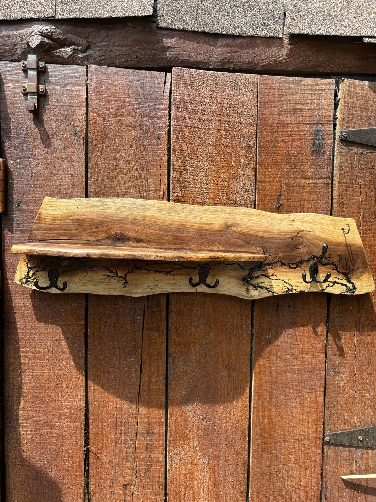 Live Edge. Black Walnut. Fractal And Burnt. Shelf & Coat Hanger