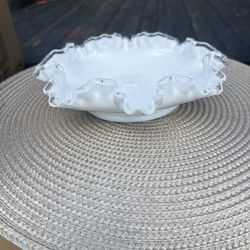 Fenton Milk White Glass Silver Crest Ruffled Edge Bowl