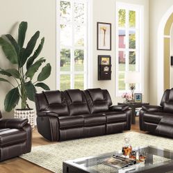 3PC Brown Sofa & Love Seat + Free Recliner Chair